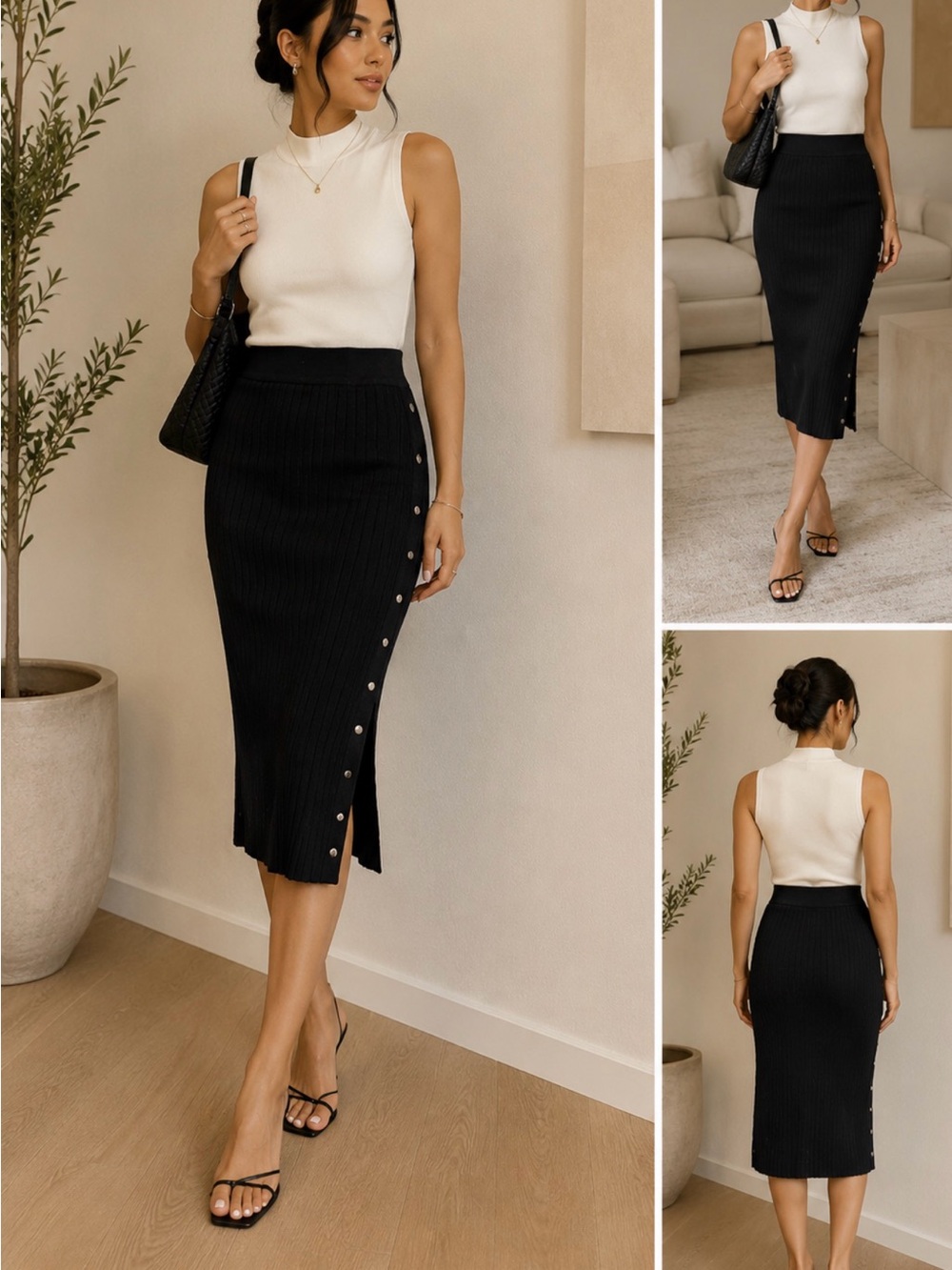 Superdown Kristy Ribbed Black Midi Pencil Skirt with Side Snap Detail
